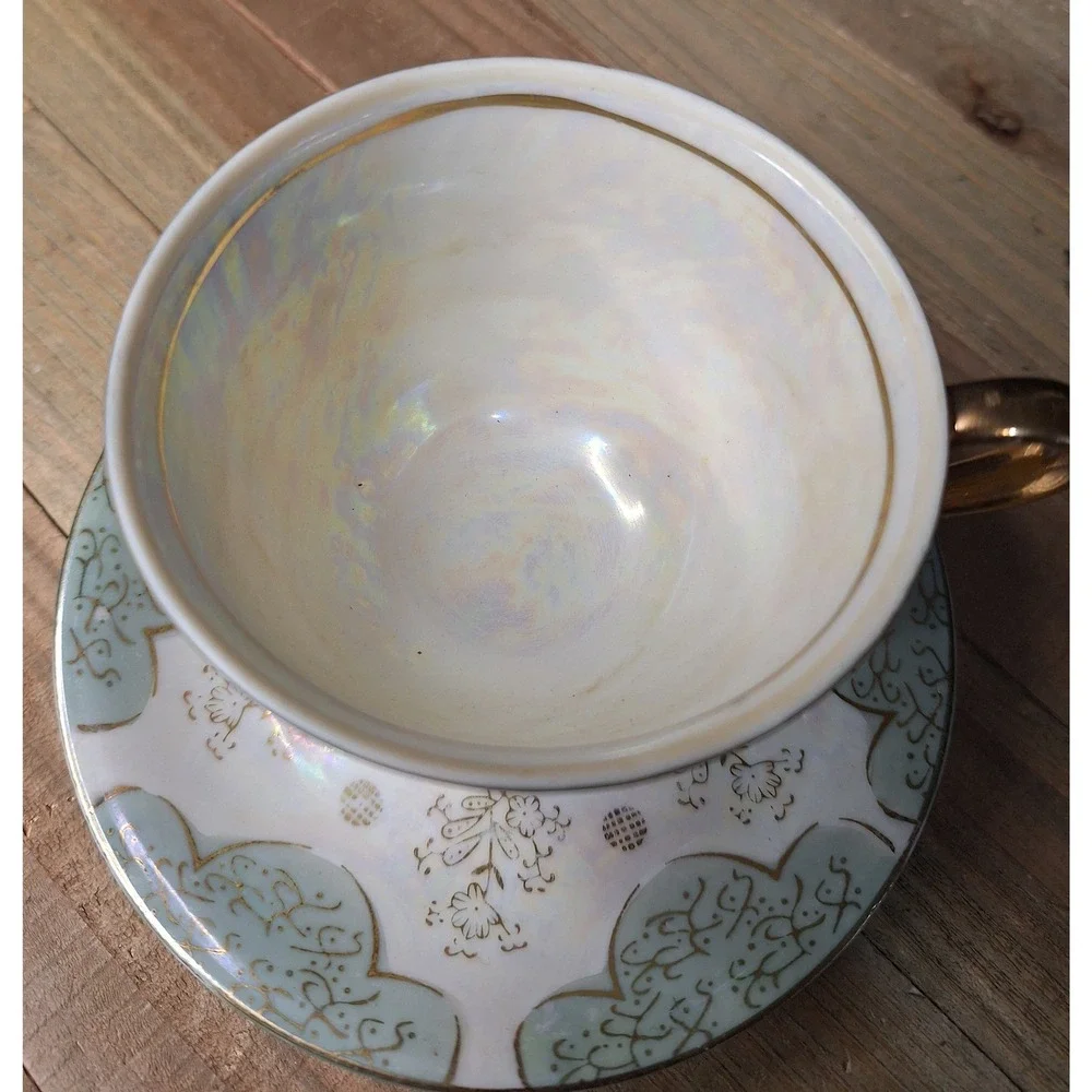 Vintage Made in Japan‎ Lusterware Teacup and Saucer Set Iridescent Gold Floral